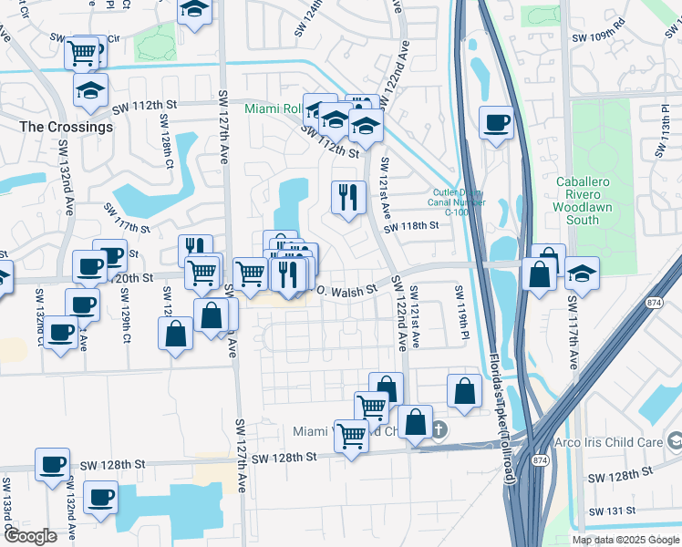 map of restaurants, bars, coffee shops, grocery stores, and more near 11860 Southwest 122nd Place in Miami