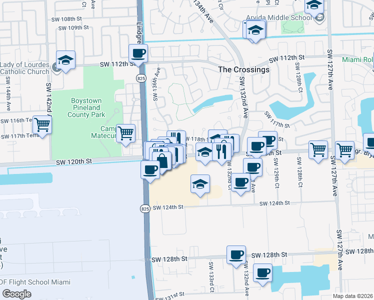 map of restaurants, bars, coffee shops, grocery stores, and more near 13435 Southwest 119th Street in Miami