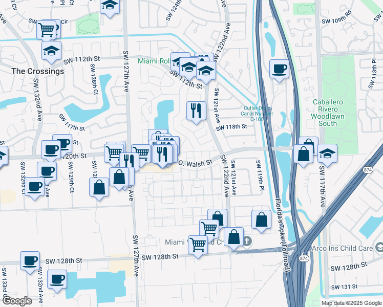 map of restaurants, bars, coffee shops, grocery stores, and more near 11860 Southwest 122nd Place in Miami