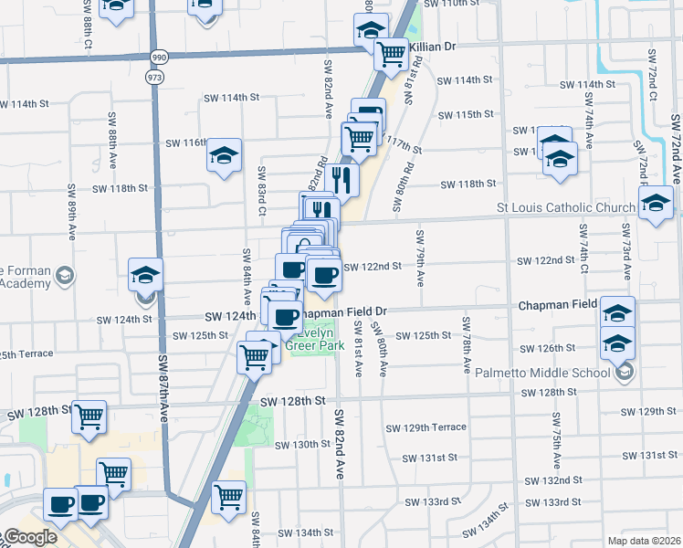 map of restaurants, bars, coffee shops, grocery stores, and more near 12141 South Dixie Highway in Miami
