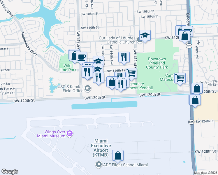 map of restaurants, bars, coffee shops, grocery stores, and more near 14452 Southwest 117th Terrace in Miami