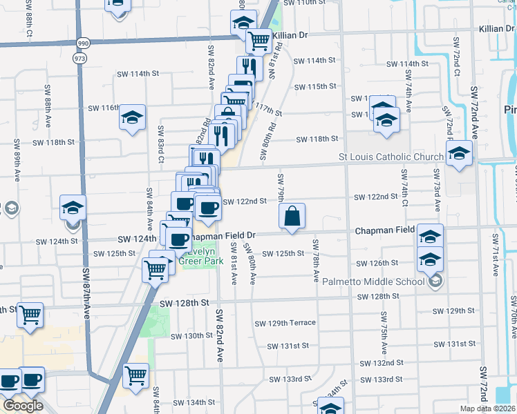 map of restaurants, bars, coffee shops, grocery stores, and more near 7951 Southwest 122nd Street in Miami