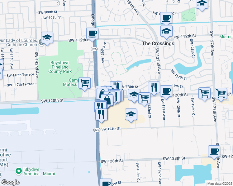 map of restaurants, bars, coffee shops, grocery stores, and more near 11941 Southwest 135th Court in Miami