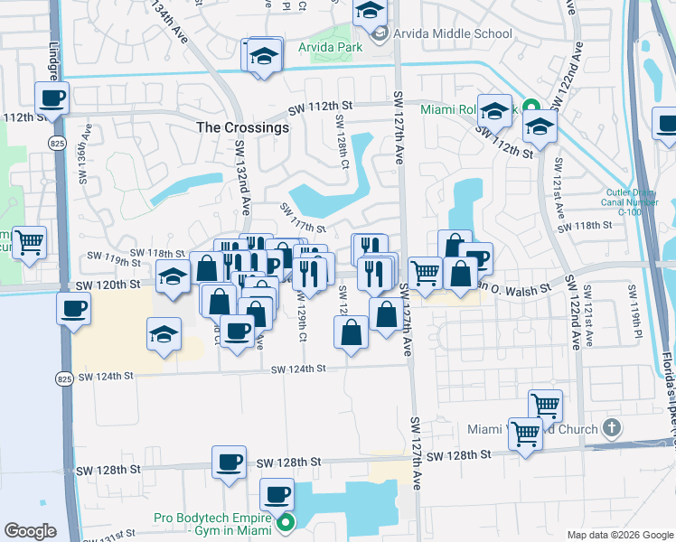 map of restaurants, bars, coffee shops, grocery stores, and more near 11916 Southwest 128th Place in Miami