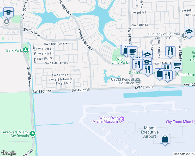 map of restaurants, bars, coffee shops, grocery stores, and more near 11765 Southwest 150th Place in Miami