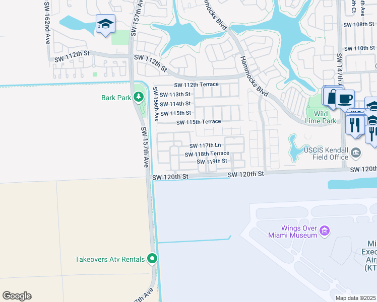 map of restaurants, bars, coffee shops, grocery stores, and more near 11765 Southwest 154th Court in Miami