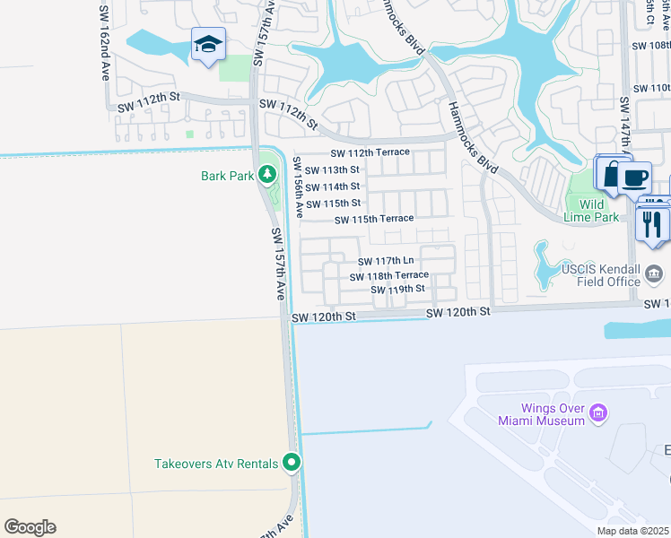 map of restaurants, bars, coffee shops, grocery stores, and more near 15506 Southwest 117th Street in Miami