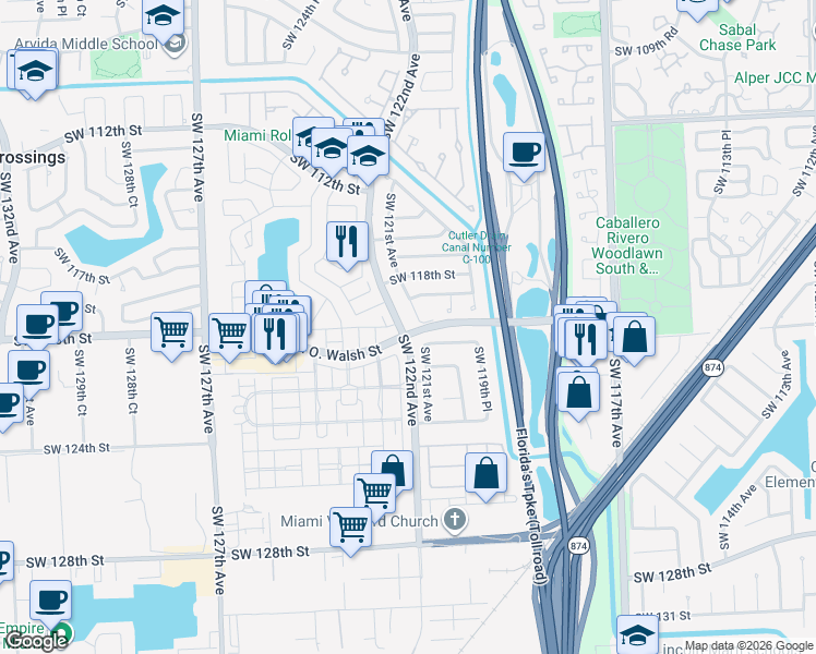 map of restaurants, bars, coffee shops, grocery stores, and more near 11941 Southwest 122nd Avenue in Miami