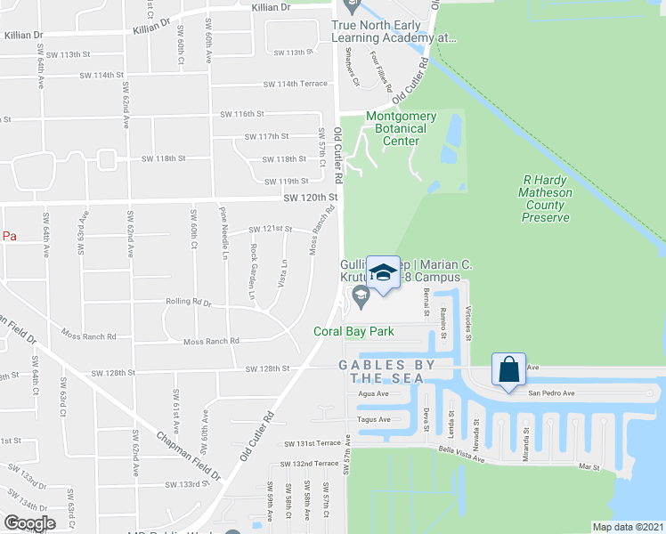 map of restaurants, bars, coffee shops, grocery stores, and more near 12200 Old Cutler Road in Miami