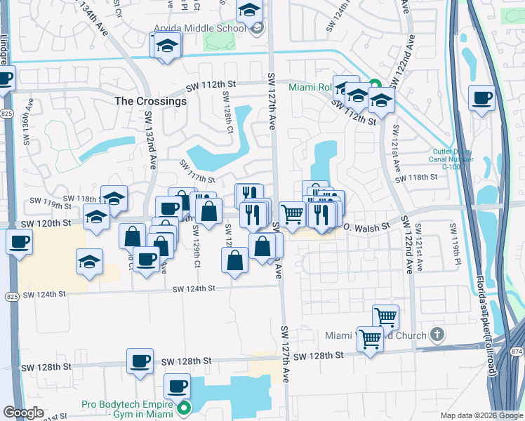 map of restaurants, bars, coffee shops, grocery stores, and more near 11925 Southwest 127th Court in Miami