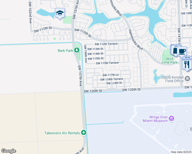 map of restaurants, bars, coffee shops, grocery stores, and more near 15506 Southwest 117th Street in Miami