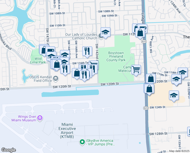 map of restaurants, bars, coffee shops, grocery stores, and more near 14202 Southwest 117th Terrace in Miami