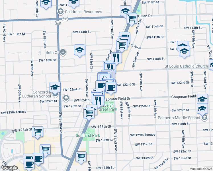 map of restaurants, bars, coffee shops, grocery stores, and more near 12098 South Dixie Highway in Kendall