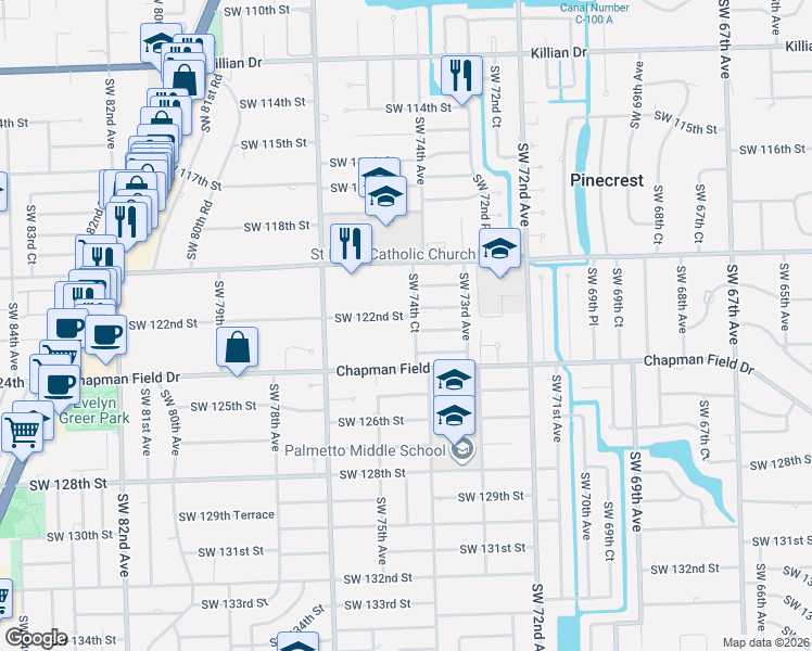 map of restaurants, bars, coffee shops, grocery stores, and more near 7380 Southwest 122nd Street in Miami