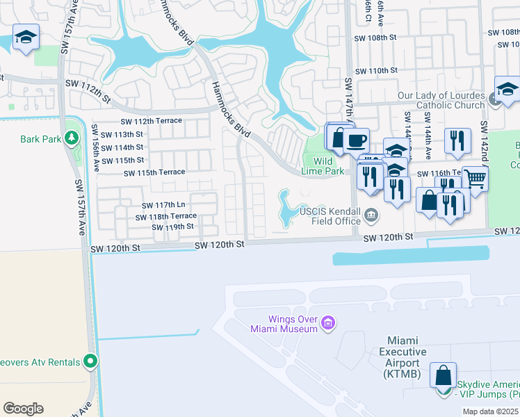 map of restaurants, bars, coffee shops, grocery stores, and more near 11765 Southwest 150th Place in Miami
