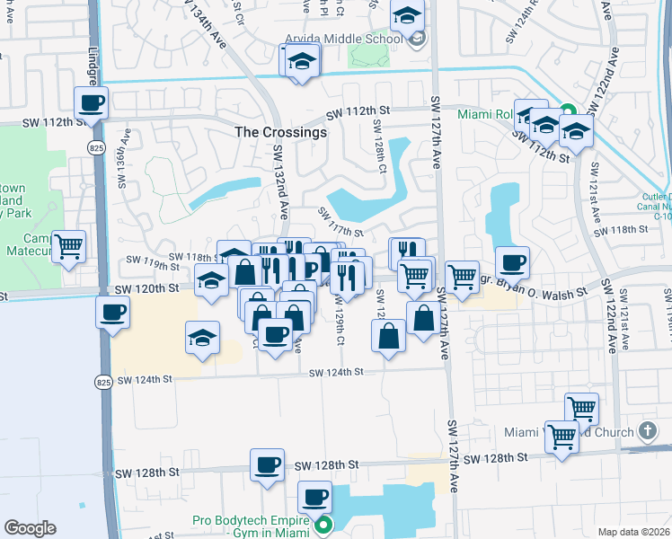 map of restaurants, bars, coffee shops, grocery stores, and more near 12920 Southwest 119th Street in Miami
