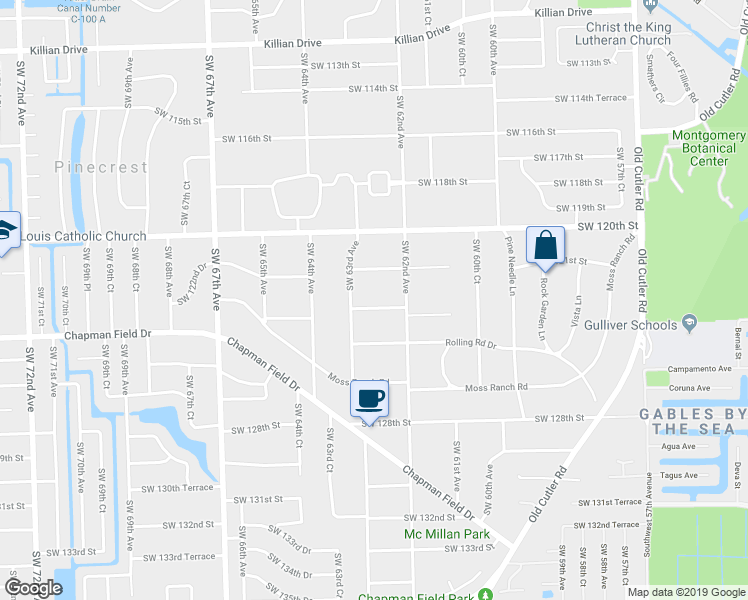 map of restaurants, bars, coffee shops, grocery stores, and more near 6275 Southwest 123rd Terrace in Miami