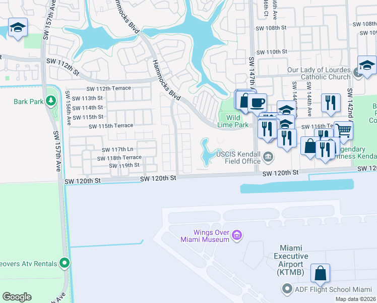 map of restaurants, bars, coffee shops, grocery stores, and more near 11765 Southwest 150th Place in Miami
