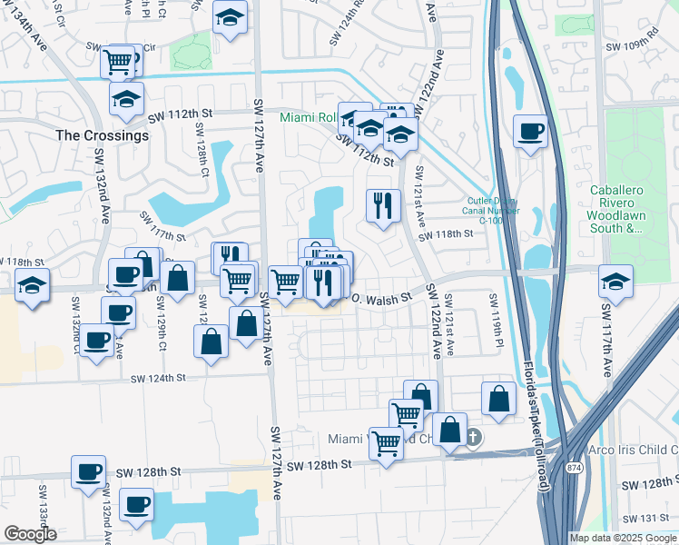 map of restaurants, bars, coffee shops, grocery stores, and more near 11900 Southwest 123rd Place in Miami