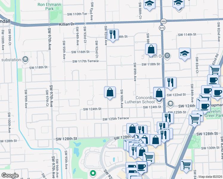 map of restaurants, bars, coffee shops, grocery stores, and more near 12050 Southwest 90th Avenue in Miami