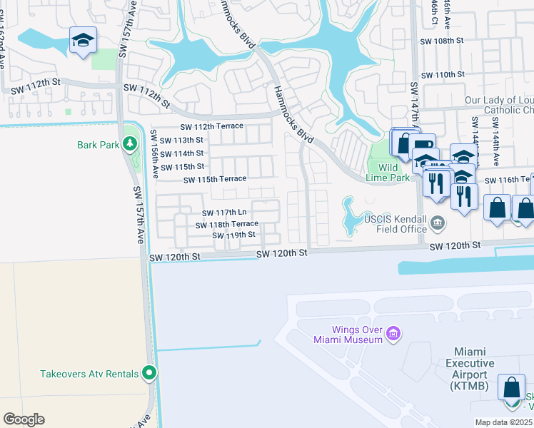 map of restaurants, bars, coffee shops, grocery stores, and more near 15242 Southwest 117th Lane in Miami