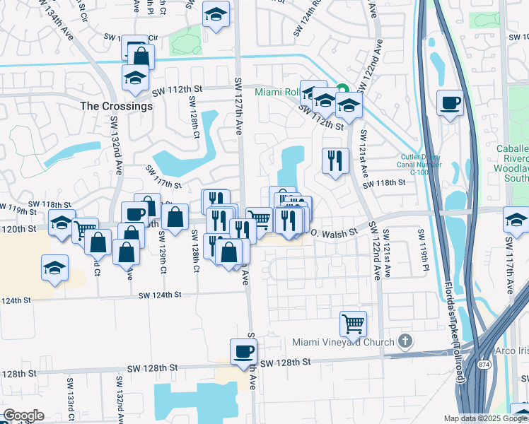 map of restaurants, bars, coffee shops, grocery stores, and more near 11927 Southwest 125th Place in Miami