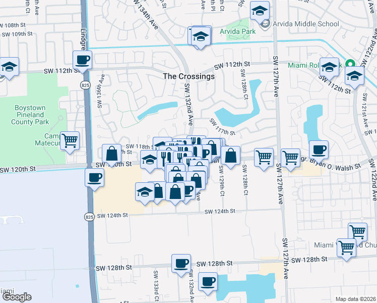 map of restaurants, bars, coffee shops, grocery stores, and more near 11921 Southwest 132nd Avenue in Miami