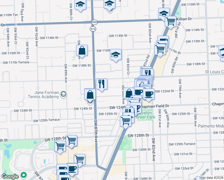 map of restaurants, bars, coffee shops, grocery stores, and more near 8528 Southwest 121st Street in Miami