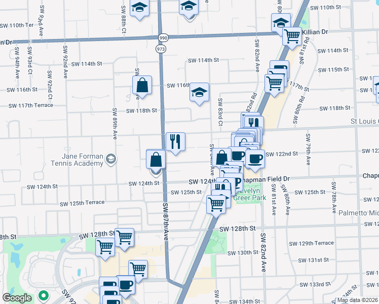 map of restaurants, bars, coffee shops, grocery stores, and more near 8528 Southwest 121st Street in Miami