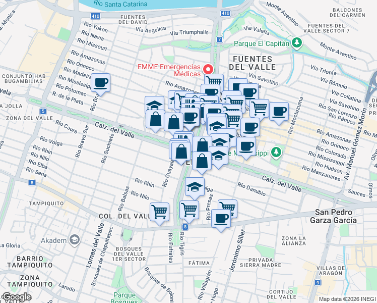 map of restaurants, bars, coffee shops, grocery stores, and more near Del Valle in San Pedro Garza García
