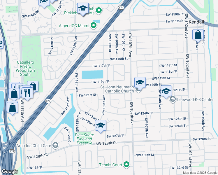 map of restaurants, bars, coffee shops, grocery stores, and more near 10801 Southwest 120th Street in Miami