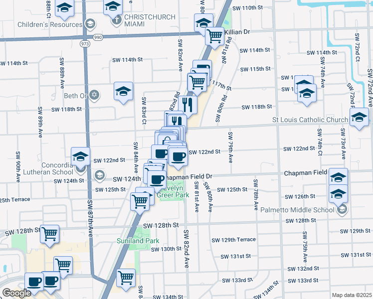 map of restaurants, bars, coffee shops, grocery stores, and more near 12193 Southwest 82nd Avenue in Pinecrest