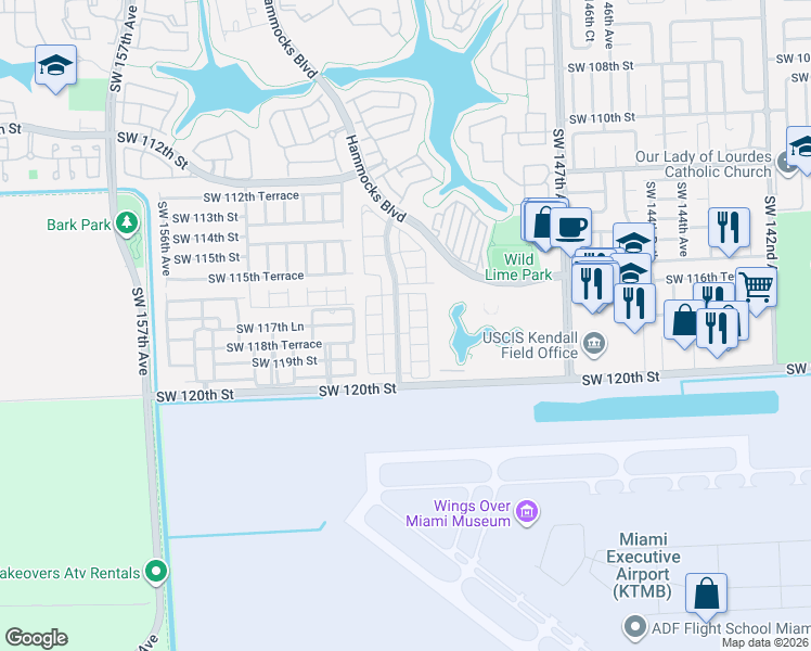 map of restaurants, bars, coffee shops, grocery stores, and more near 11743 Southwest 151st Place in Miami