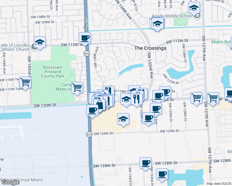 map of restaurants, bars, coffee shops, grocery stores, and more near 13435 Southwest 119th Street in Miami