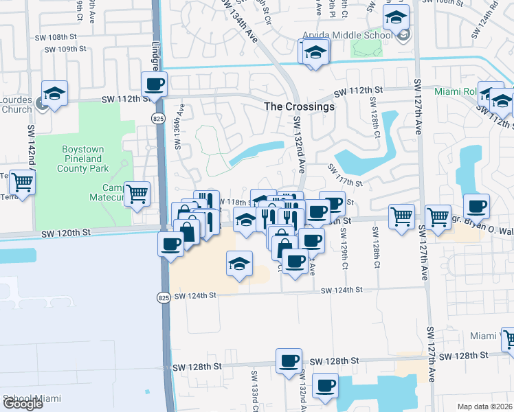 map of restaurants, bars, coffee shops, grocery stores, and more near 13345 Southwest 119th Street in Miami