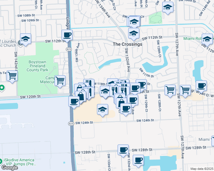 map of restaurants, bars, coffee shops, grocery stores, and more near 13345 Southwest 119th Street in Miami