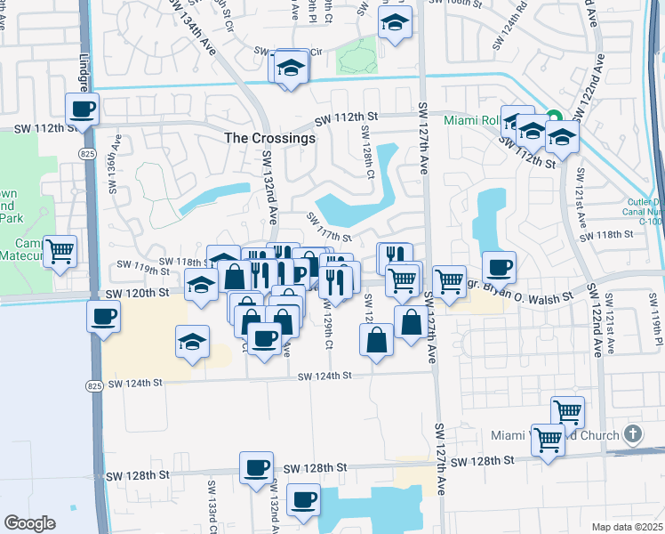 map of restaurants, bars, coffee shops, grocery stores, and more near 12920 Southwest 119th Street in Miami