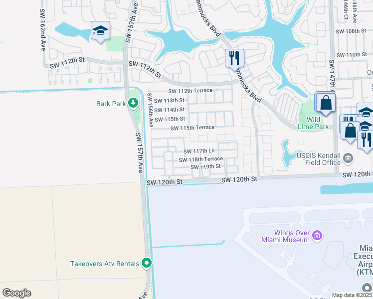 map of restaurants, bars, coffee shops, grocery stores, and more near 11765 Southwest 154th Court in Miami