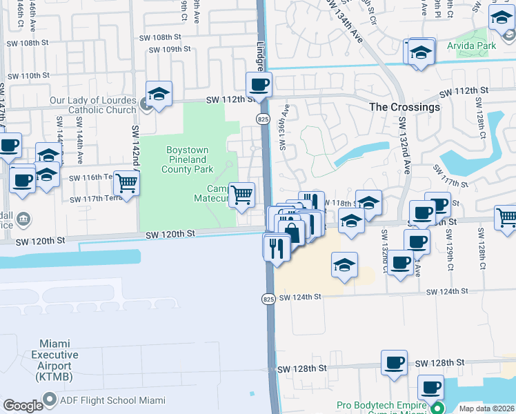 map of restaurants, bars, coffee shops, grocery stores, and more near 13730 Southwest 118th Terrace in Miami