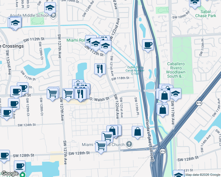 map of restaurants, bars, coffee shops, grocery stores, and more near 11925 Southwest 122nd Court in Miami