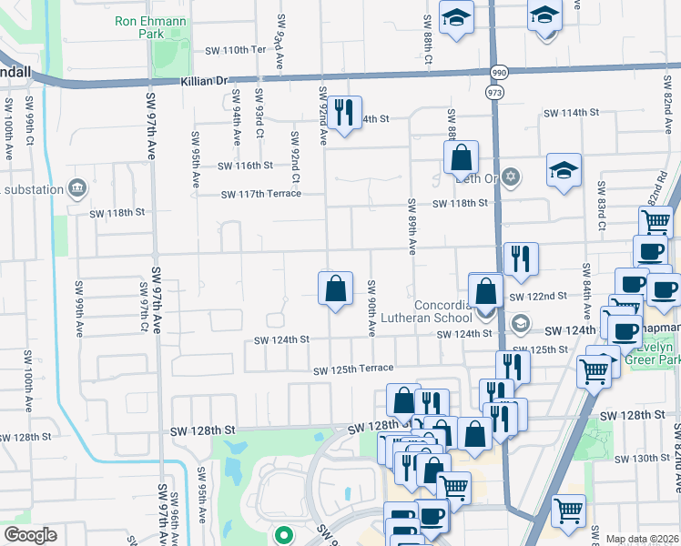 map of restaurants, bars, coffee shops, grocery stores, and more near 12050 Southwest 90th Avenue in Miami