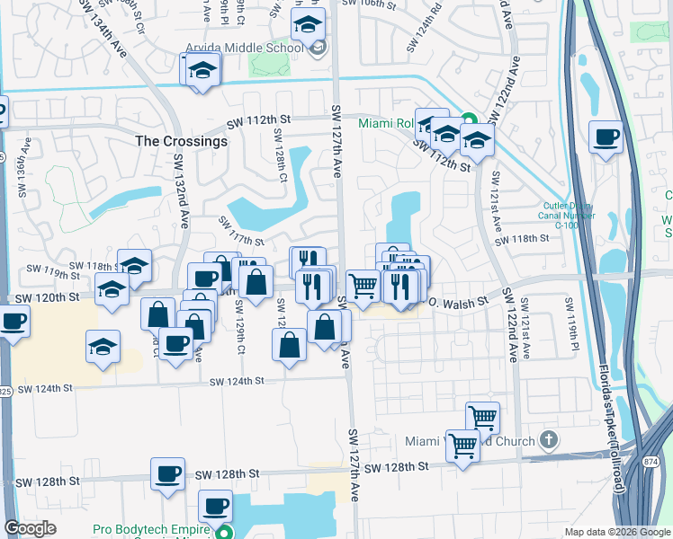 map of restaurants, bars, coffee shops, grocery stores, and more near 11925 Southwest 127th Court in Miami