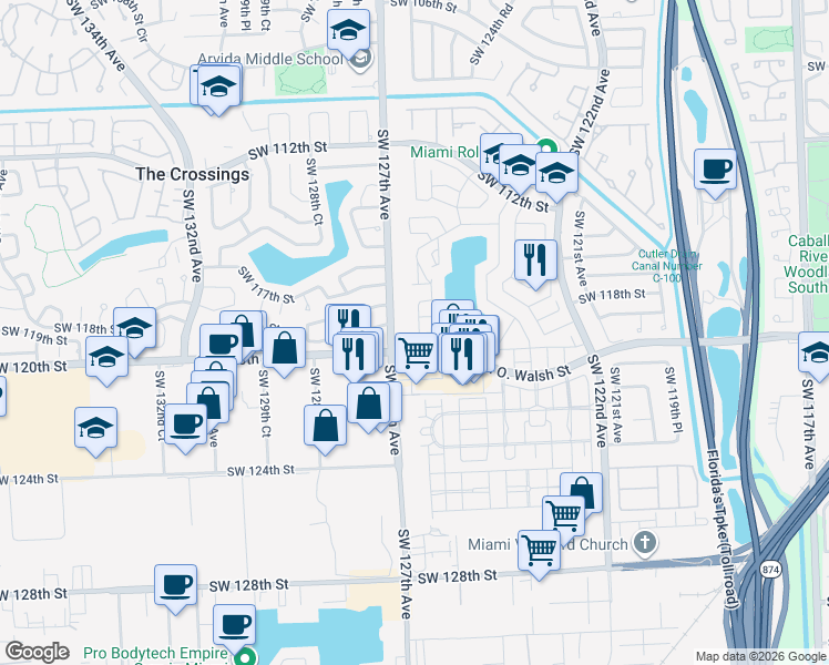 map of restaurants, bars, coffee shops, grocery stores, and more near 12561 Southwest 119th Terrace in Miami