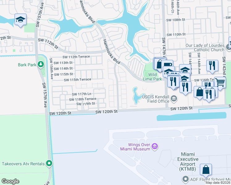 map of restaurants, bars, coffee shops, grocery stores, and more near 11743 Southwest 151st Place in Miami