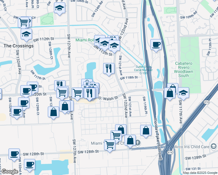 map of restaurants, bars, coffee shops, grocery stores, and more near 11860 Southwest 122nd Place in Miami