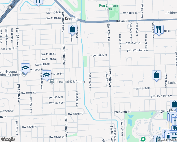 map of restaurants, bars, coffee shops, grocery stores, and more near 12020 Southwest 99th Avenue in Miami