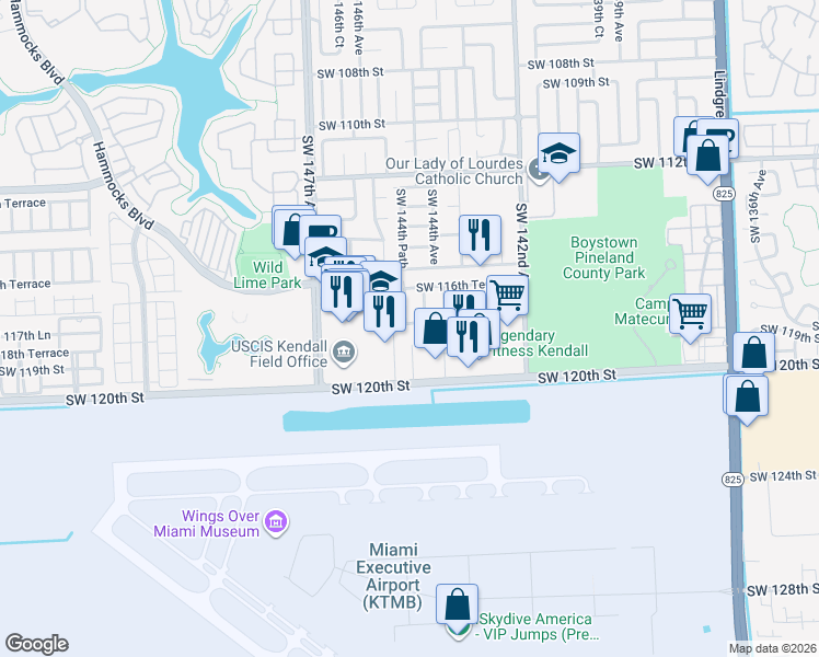 map of restaurants, bars, coffee shops, grocery stores, and more near 14452 Southwest 117th Terrace in Miami