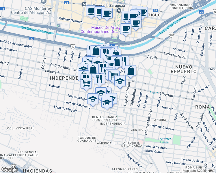 map of restaurants, bars, coffee shops, grocery stores, and more near Calle Nuevo León in Monterrey