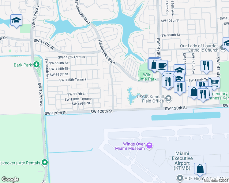 map of restaurants, bars, coffee shops, grocery stores, and more near 11743 Southwest 151st Place in Miami