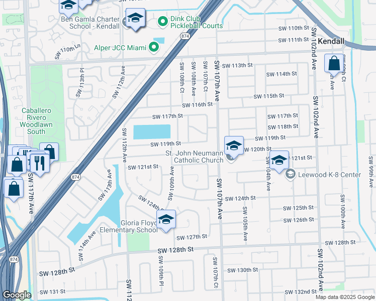 map of restaurants, bars, coffee shops, grocery stores, and more near 10801 Southwest 120th Street in Miami